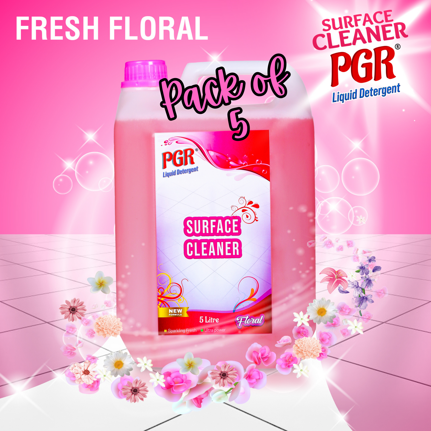 PGR Disinfectant Surface & Floor Cleaner Liquid, Floral Fragrance(PACK OF 5) - 5 Litre, Suitable for All Floors and Cleaner Mops, Anti Bacterial Formulation