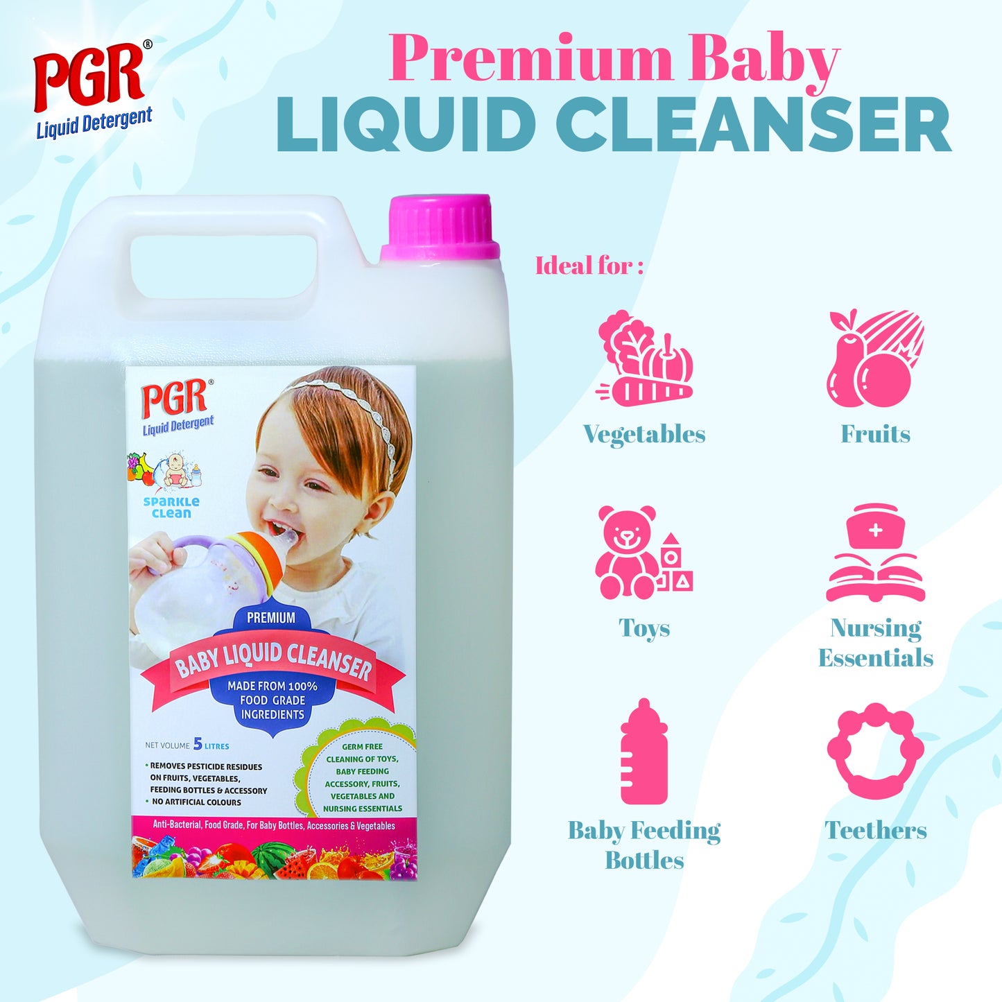 PGR Baby Liquid Cleanser, For Baby Bottles, Toys, Teether, Fruits & Vegetables, 5 Litres - PGR  Liquid Detergent