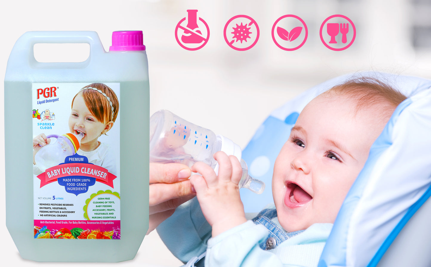 PGR Baby Liquid Cleanser, For Baby Bottles, Toys, Teether, Fruits & Vegetables, 5 Litres - PGR  Liquid Detergent