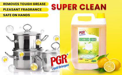 PGR Dishwash Liquid Gel 5 Liters, With Lemon Fragrance, Leaves No Residue, Grease Cleaner For All Utensils, 5 Litres - PGR  Liquid Detergent