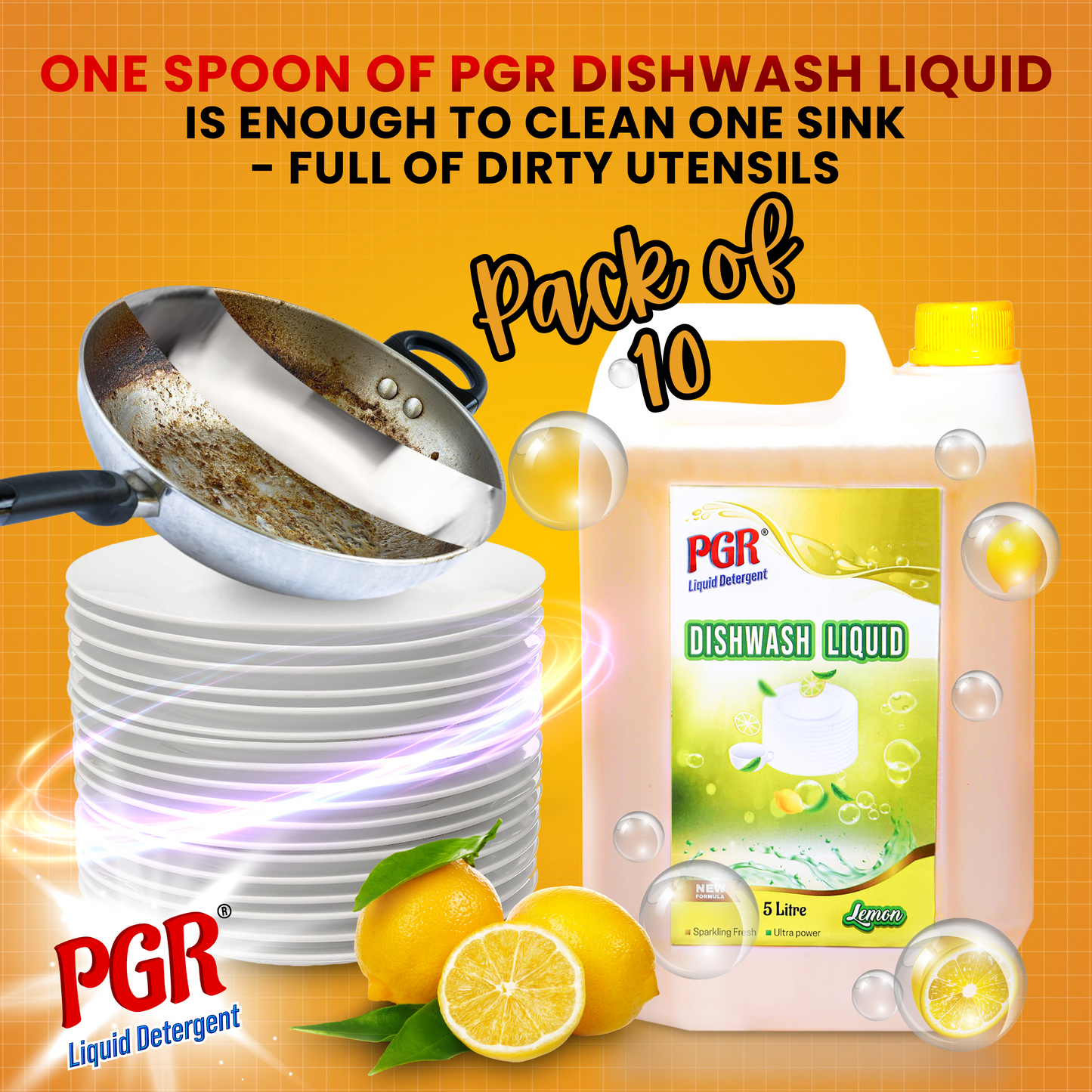 PGR Dishwash Liquid(PACK OF 10) - Advanced Grease Fighting Formula for Sparkling Clean Dishes - (Lemon) 5 L