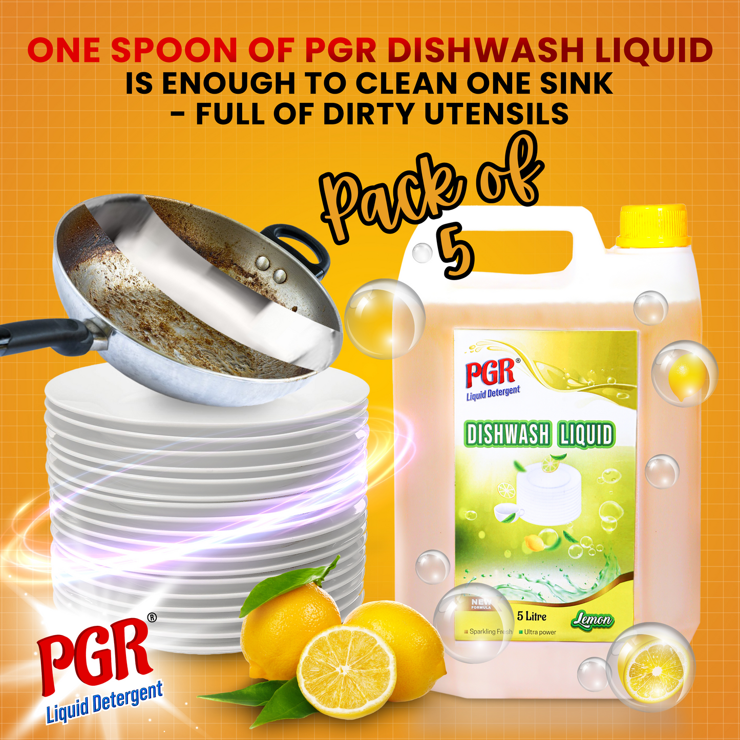 PGR Dishwash Liquid(PACK OF 5) - Advanced Grease Fighting Formula for Sparkling Clean Dishes - (Lemon) 5 L