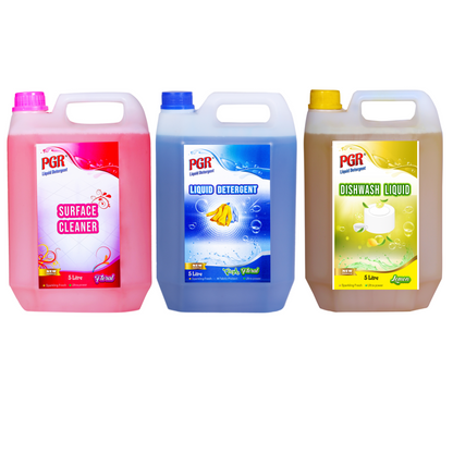 PGR Liquid Detergent 5 Litres + Surface Cleaner 5 Litres + Dishwash 5 Litres Combo Pack