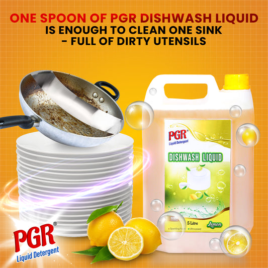 PGR Dishwash Liquid Gel 5 Liters, With Lemon Fragrance, Leaves No Residue, Grease Cleaner For All Utensils, 5 Litres - PGR  Liquid Detergent