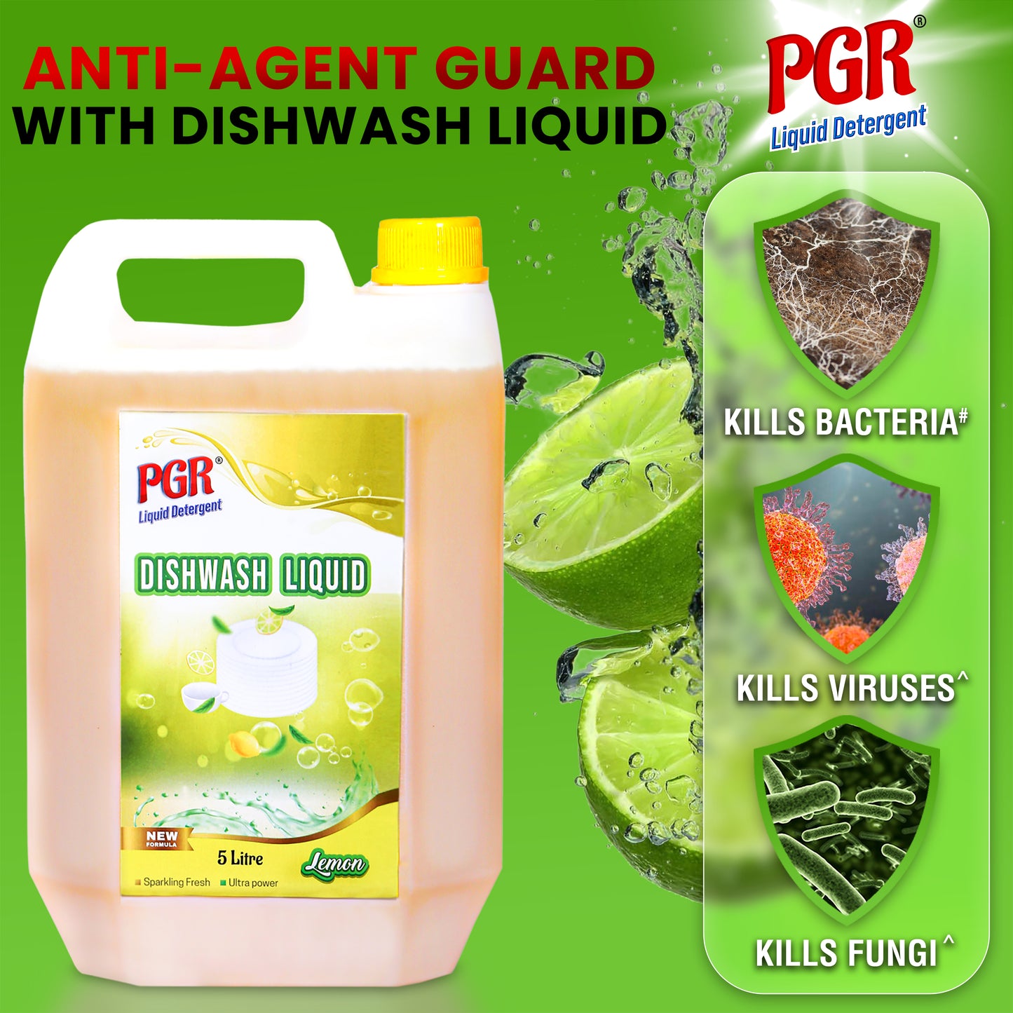 PGR Dishwash Liquid Gel 5 Liters, With Lemon Fragrance, Leaves No Residue, Grease Cleaner For All Utensils, 5 Litres - PGR  Liquid Detergent