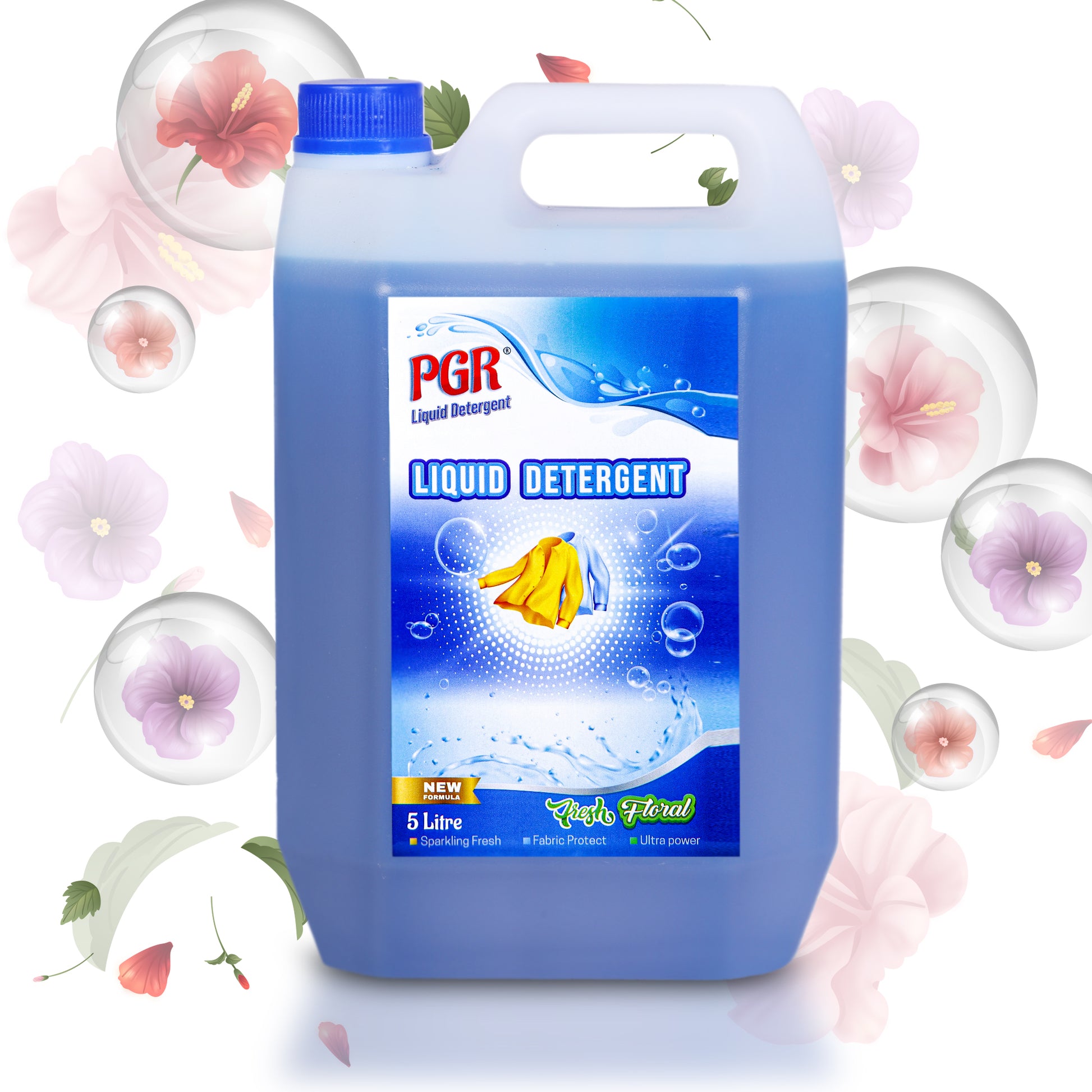 PGR Liquid Detergent 5 L - Washing Machine Compatible (Top load/Front load) and manual washing - Fresh Floral Fragnance (Blue) - PGR  Liquid Detergent