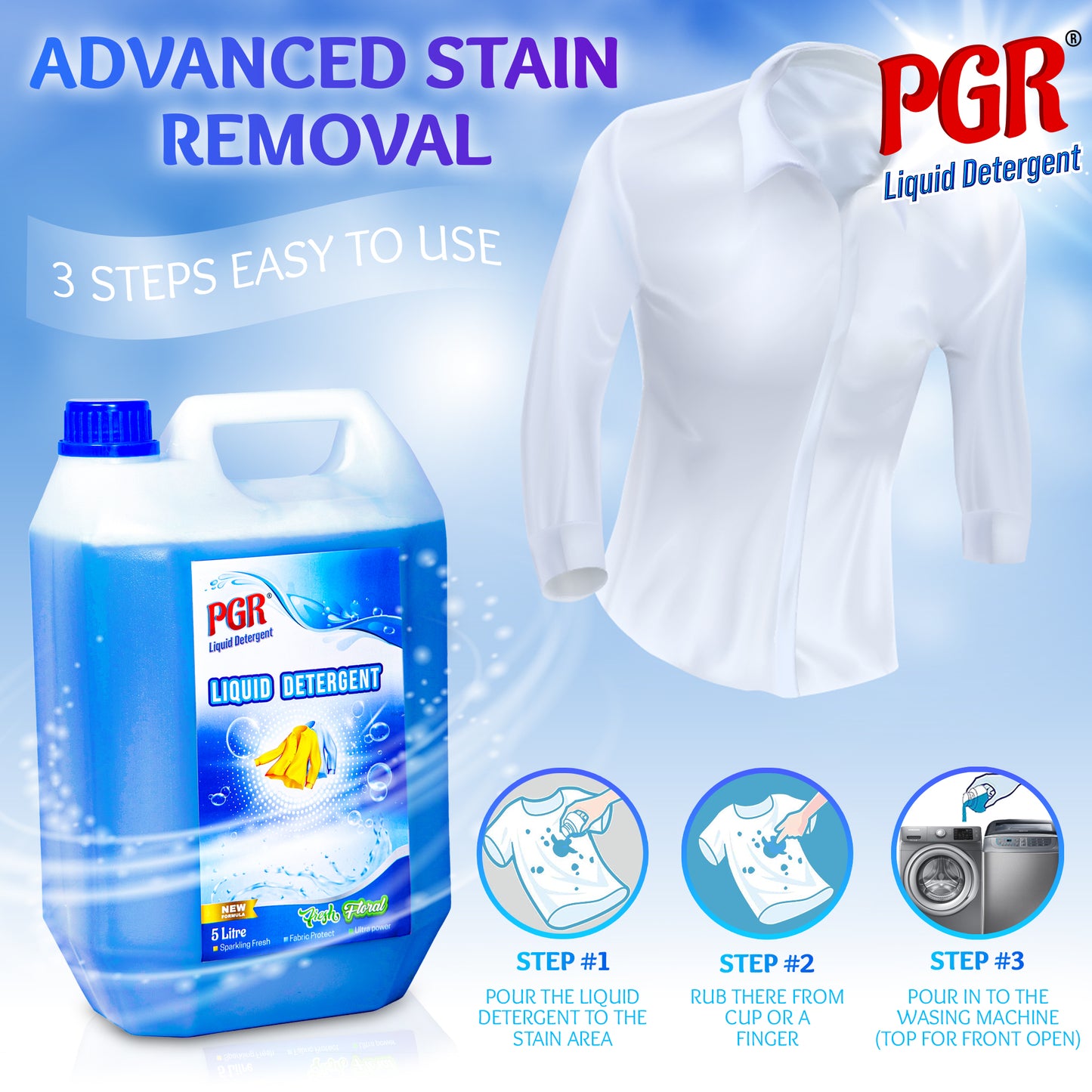 PGR Liquid Detergent 5 L - Washing Machine Compatible (Top load/Front load) and manual washing - Fresh Floral Fragnance (Blue) - PGR  Liquid Detergent