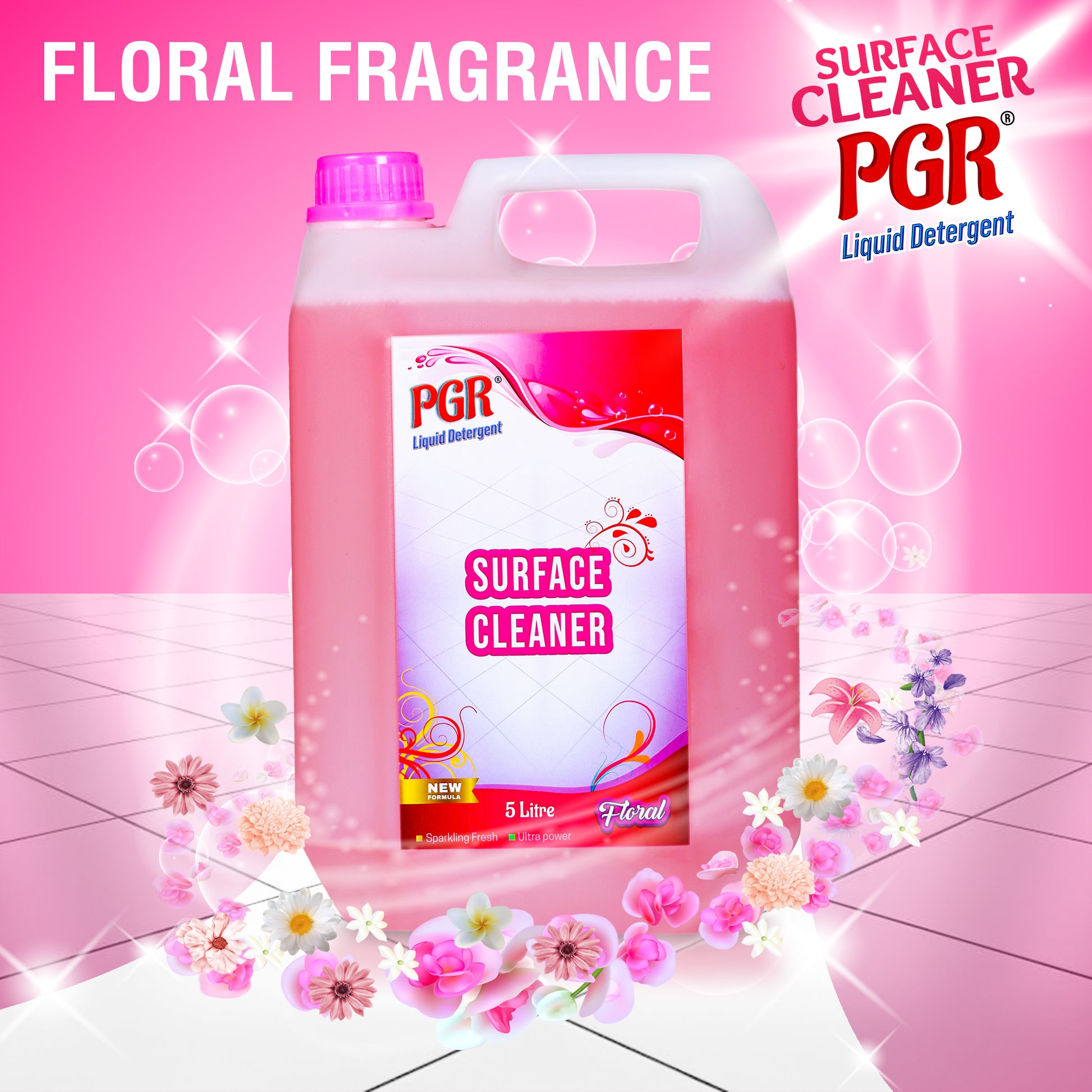 PGR Disinfectant Surface & Floor Cleaner Liquid, Floral Fragrance - 5 Litre, Suitable for All Floors and Cleaner Mops, Anti Bacterial Formulation - PGR  Liquid Detergent