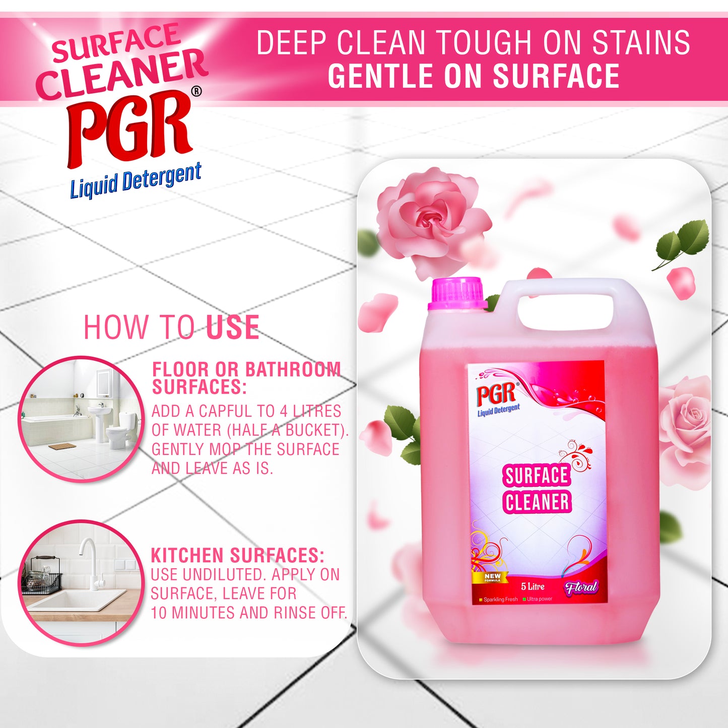 PGR Disinfectant Surface & Floor Cleaner Liquid, Floral Fragrance - 5 Litre, Suitable for All Floors and Cleaner Mops, Anti Bacterial Formulation - PGR  Liquid Detergent